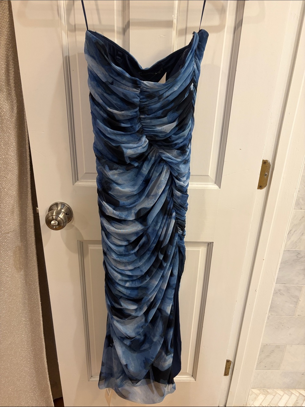 Abercrombie & Fitch Blue Watercolor Ruched Maxi Dress